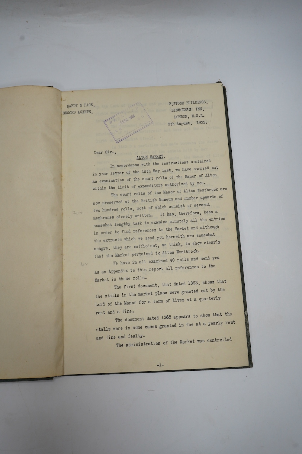 [Alton Market] - Hardy & Page (Record Agents) A Report on Court Rolls and Other Documents relating to the Market. 66 typescript folios (rectos only), some pencilled amendments, 3 photos. (possibly contemp.) and a relevan